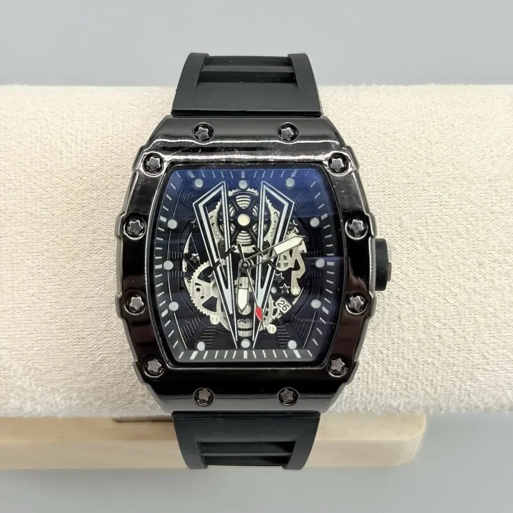 Mens Black Tonneau Watch Quartz Heavy Duty Fashion Skeleton Dial Wine Barrel
